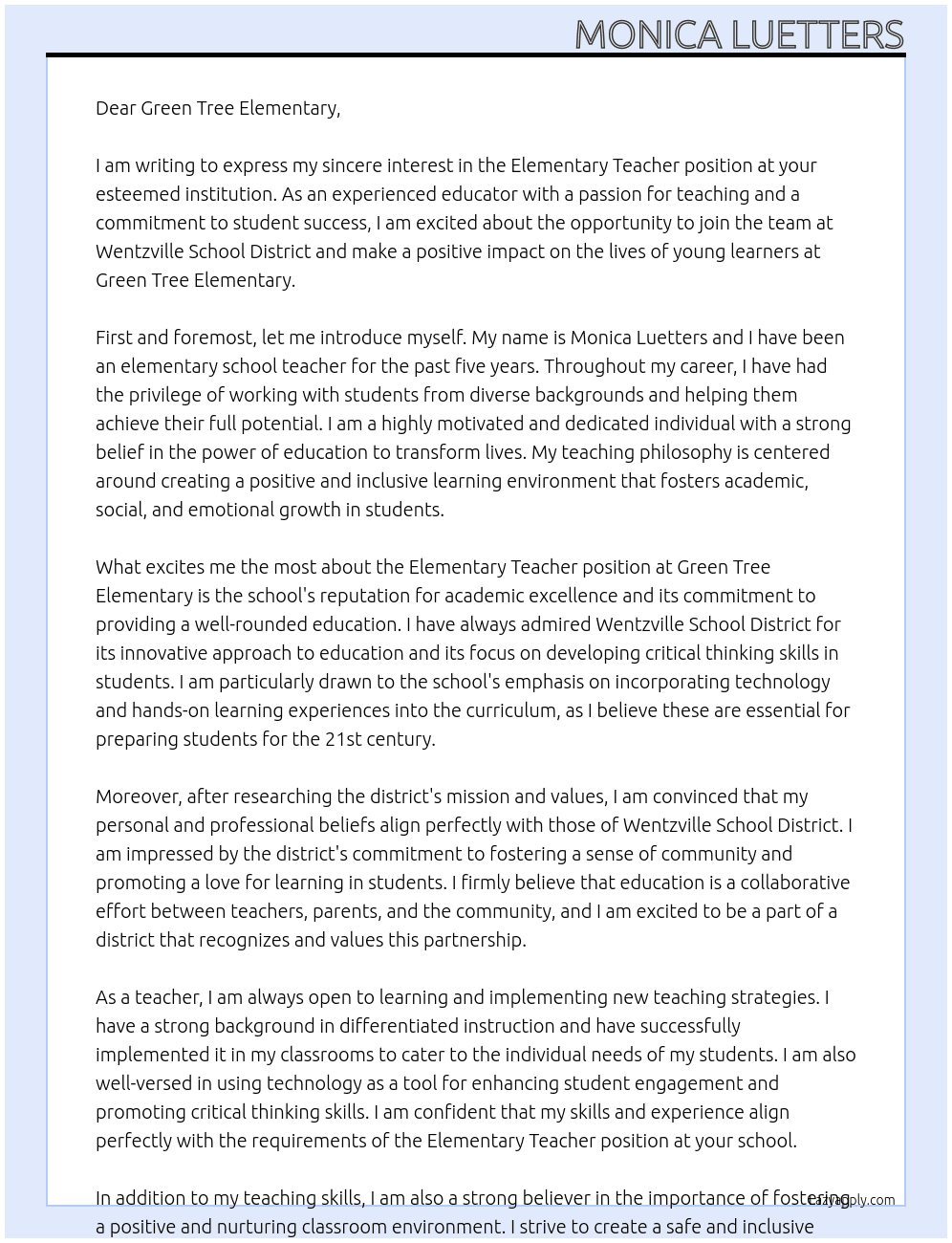 Elementary Teacher At Wentzville School District Cover Letter
