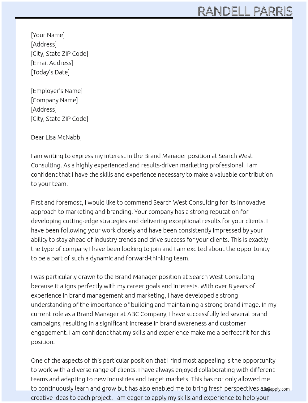 Brand Manager At Search West Consulting Cover Letter