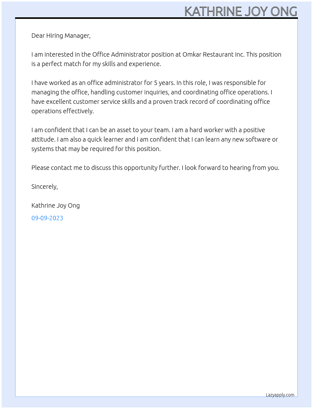 Office Administrator At Omkar Restaurant Inc Cover Letter