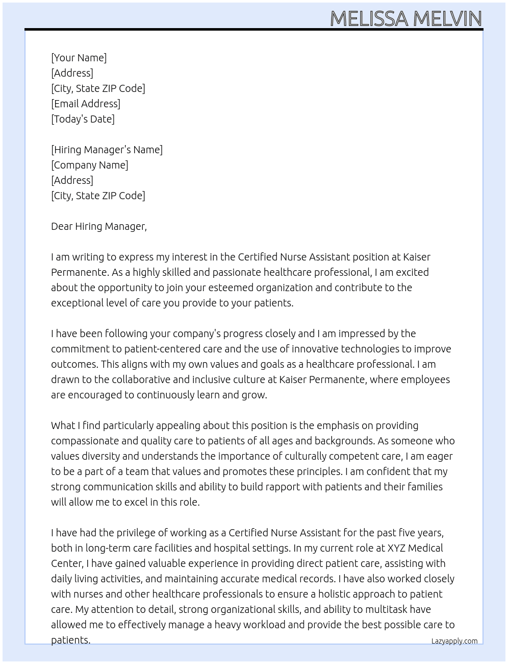 Certified Nurse Assistant At Kaiser Permanenete Cover Letter
