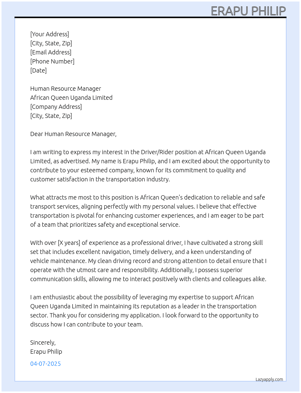 DRIVER /RIDER At AFRICAN QUEEN UGANDA LIMITED Cover Letter