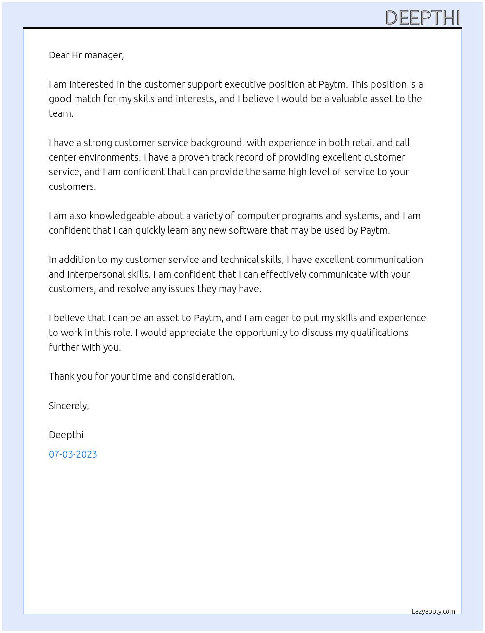 Customer support executive  At Paytm Cover Letter
