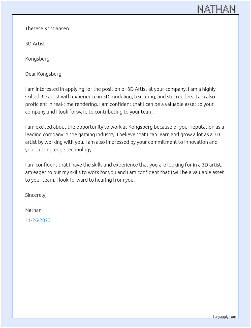 3D Artist At Kongsberg Cover Letter