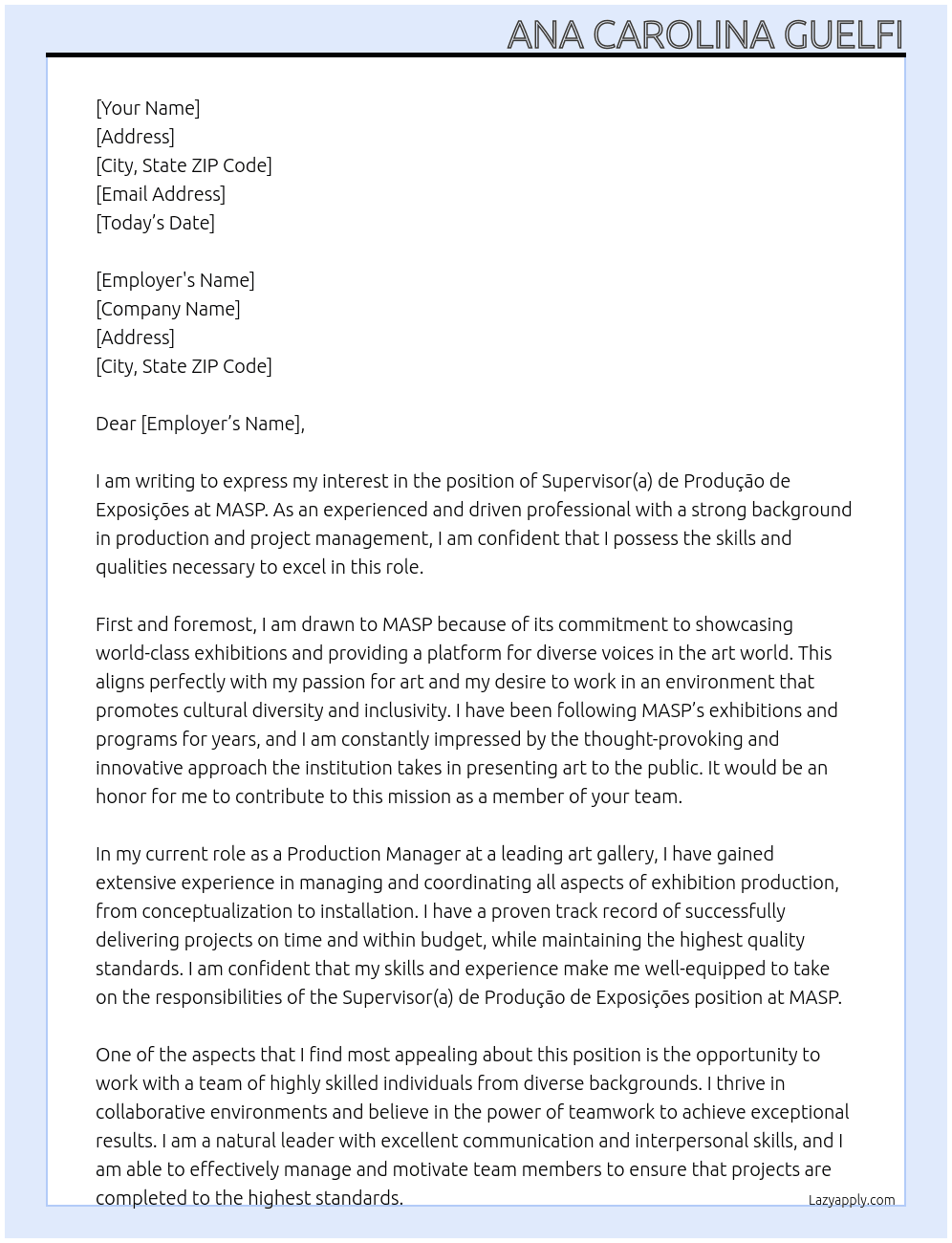 SUPERVISOR(A) DE PRODUÇÃO DE EXPOSIÇÕES At MASP Cover Letter