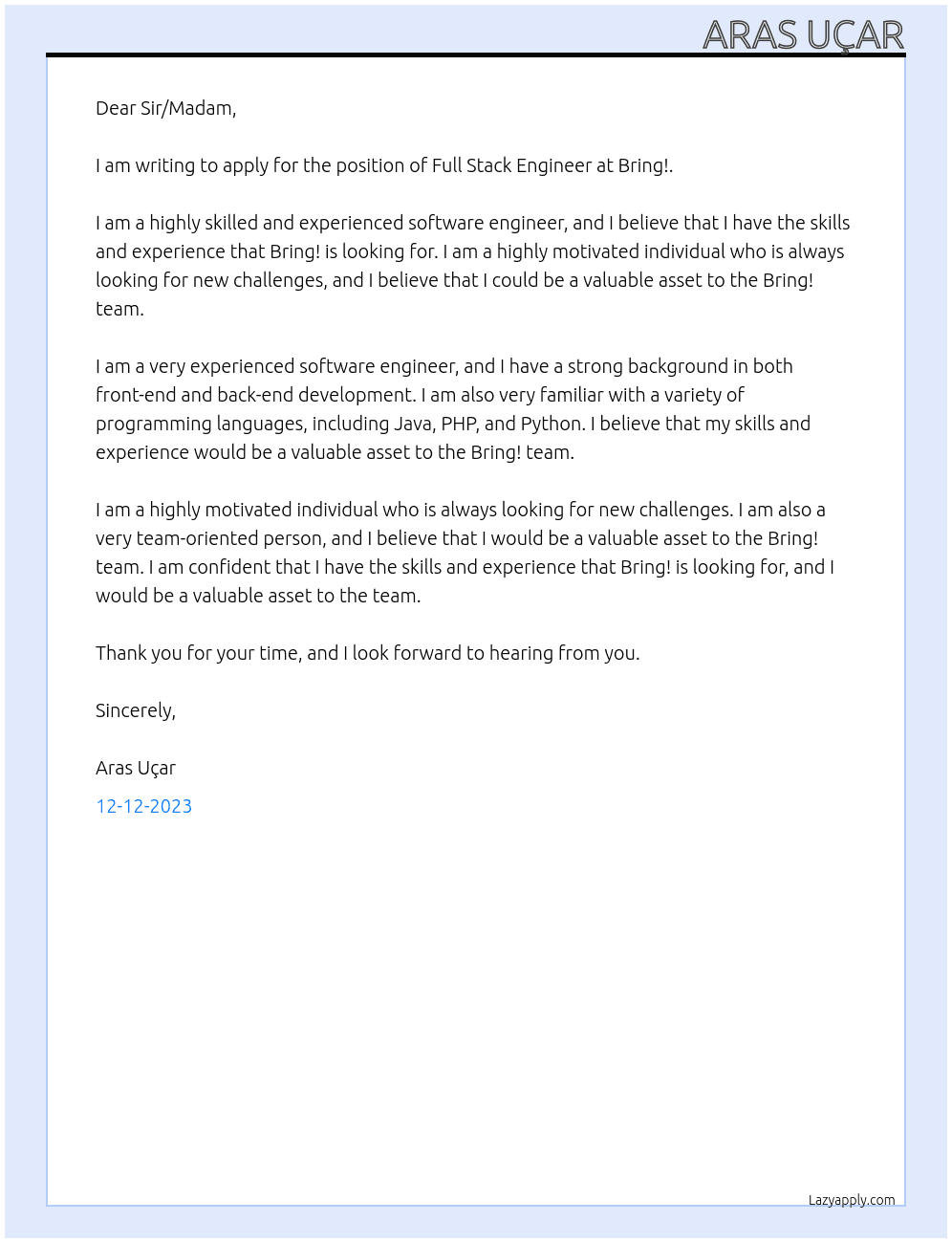 Full Stack Engineer At Bring! Cover Letter