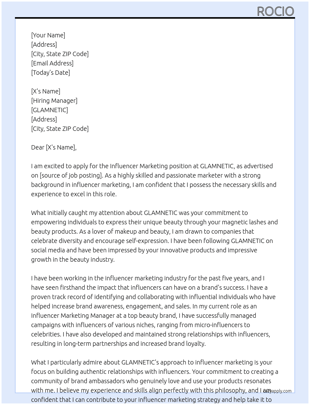 Influencer Marketing At GLAMNETIC Cover Letter
