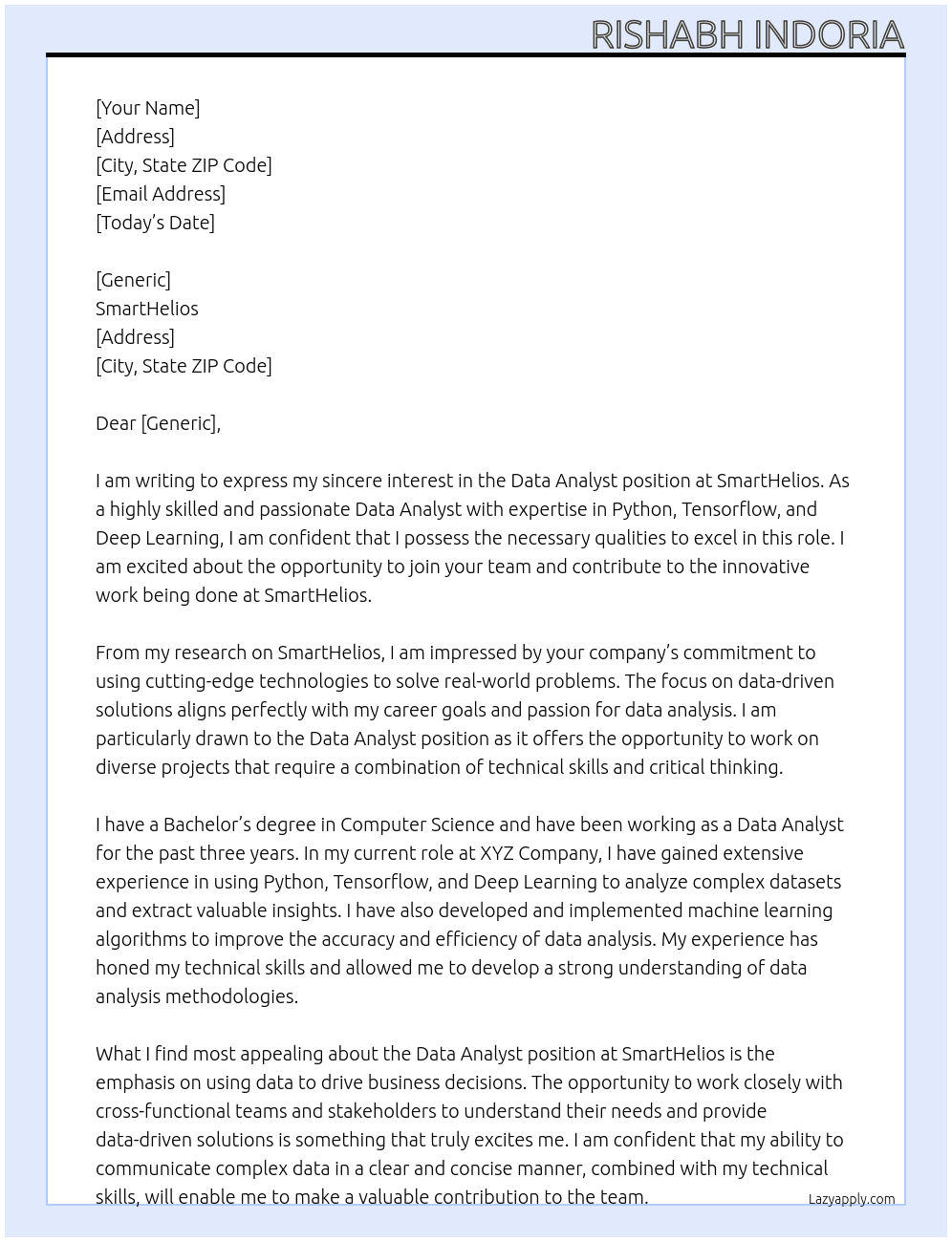 Data Analyst At SmartHelios Cover Letter