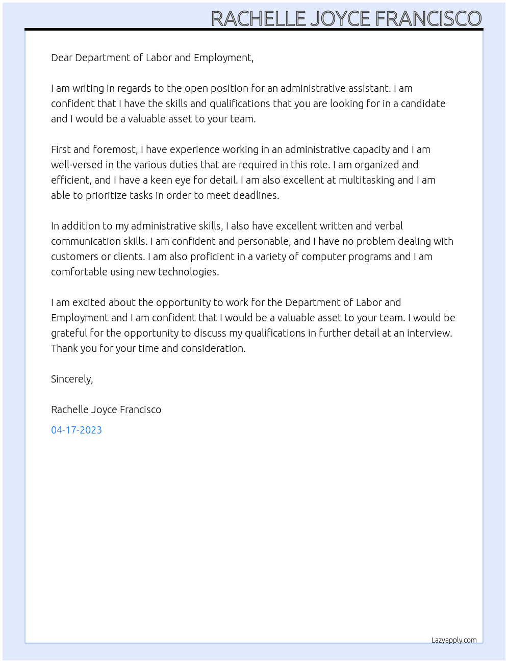 administrative assistant At department of Labor and Employment Cover Letter