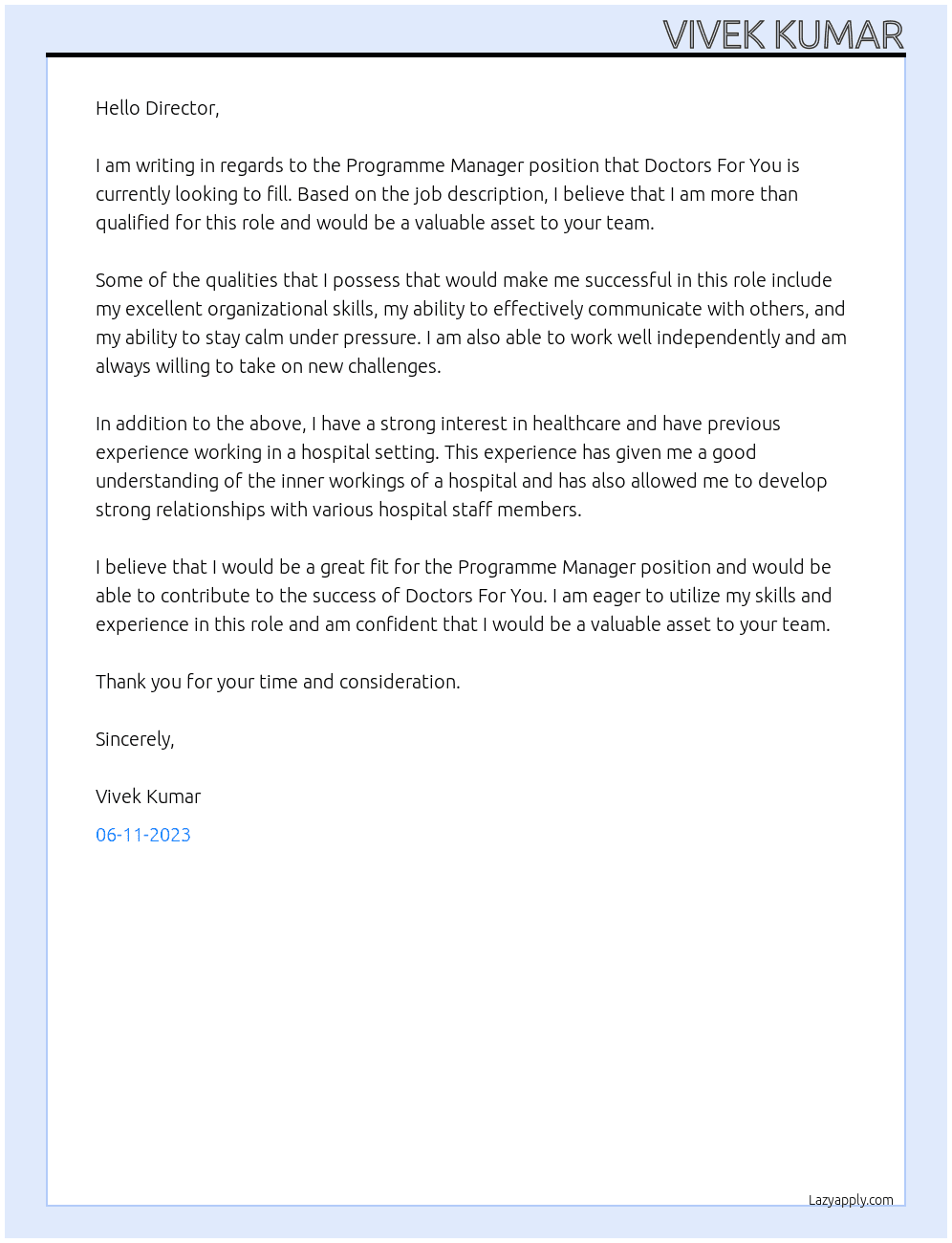 Programme Manager At Doctors For You Cover Letter