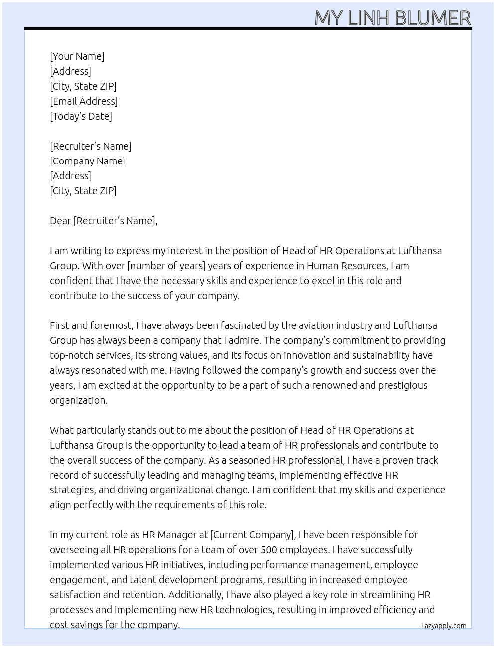 Head of HR Operations At Lufthansa Group Cover Letter