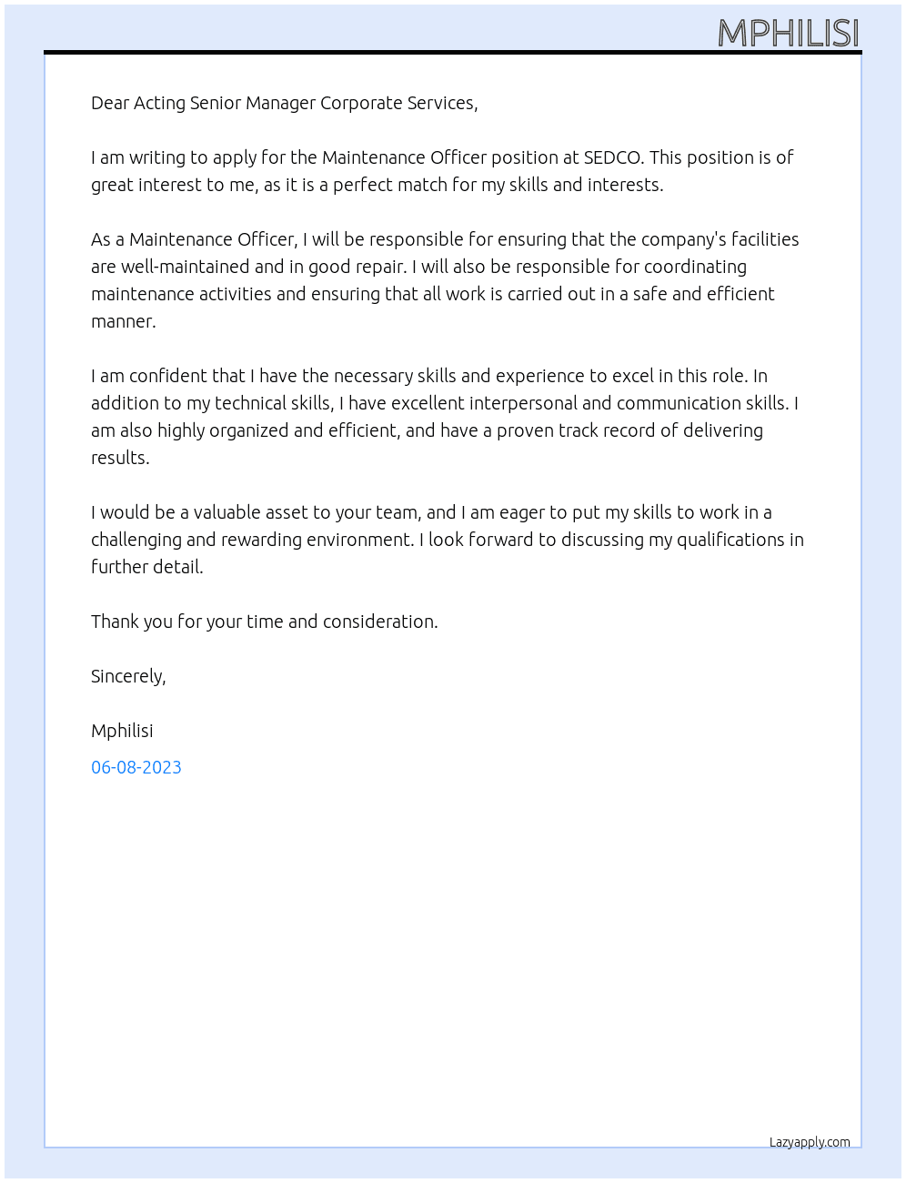 Maintenance Officer At SEDCO Cover Letter