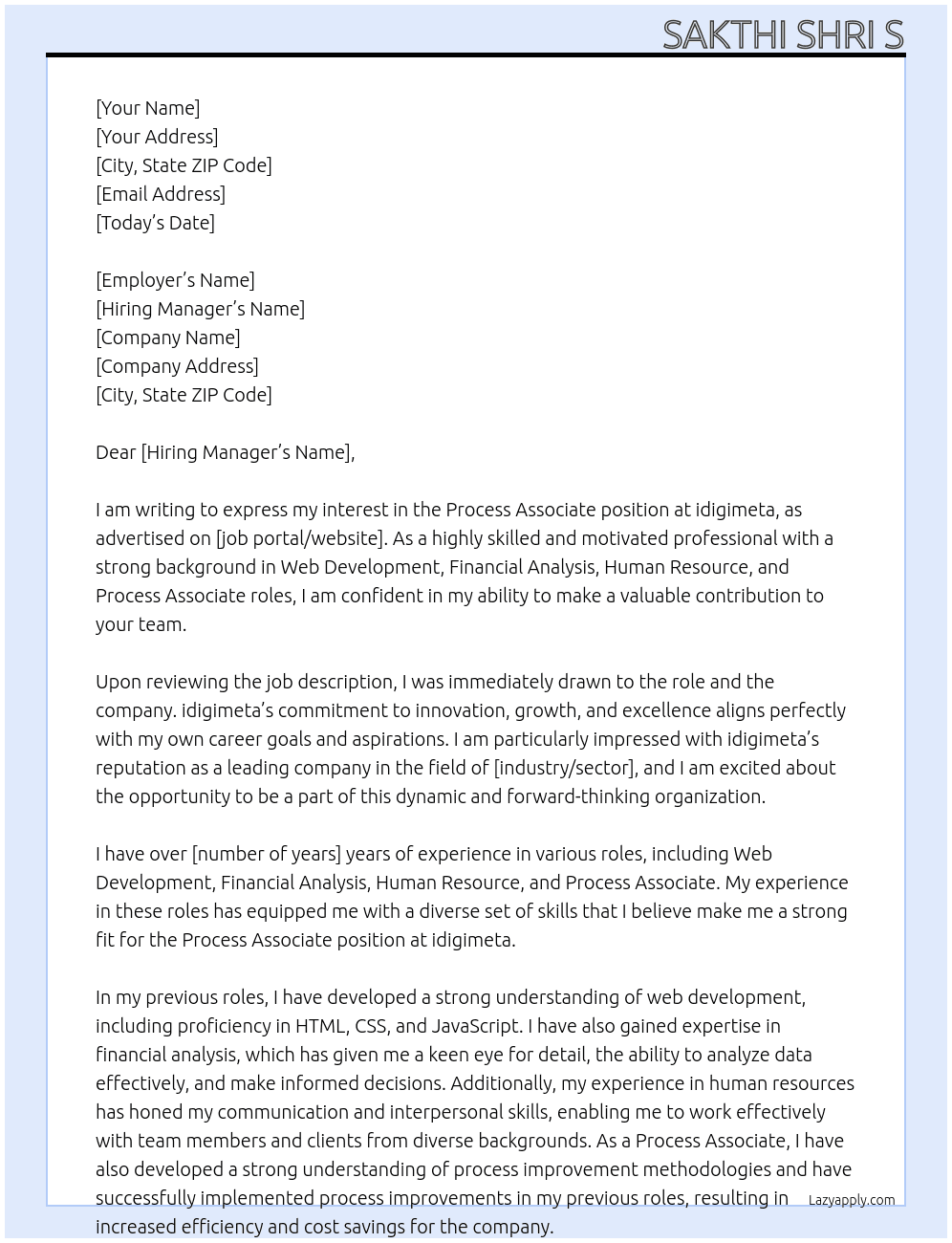 Process Associate At idigimeta Cover Letter