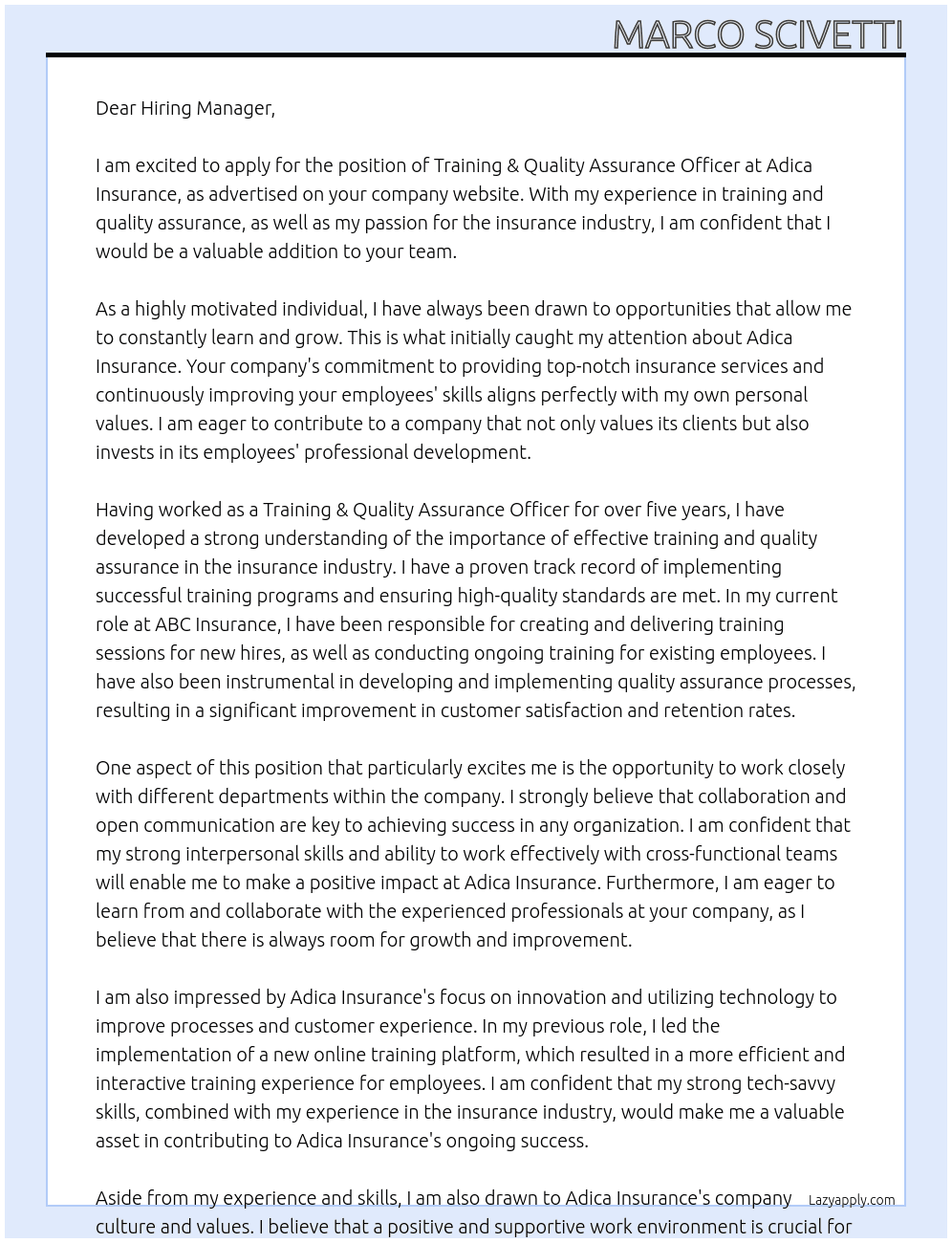 Training & Quality Assurance Officer At Adica Insurance Cover Letter