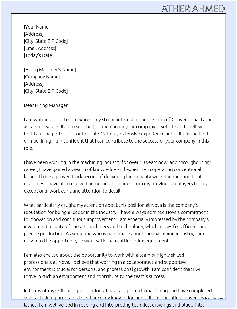 conventional lathe At nova Cover Letter