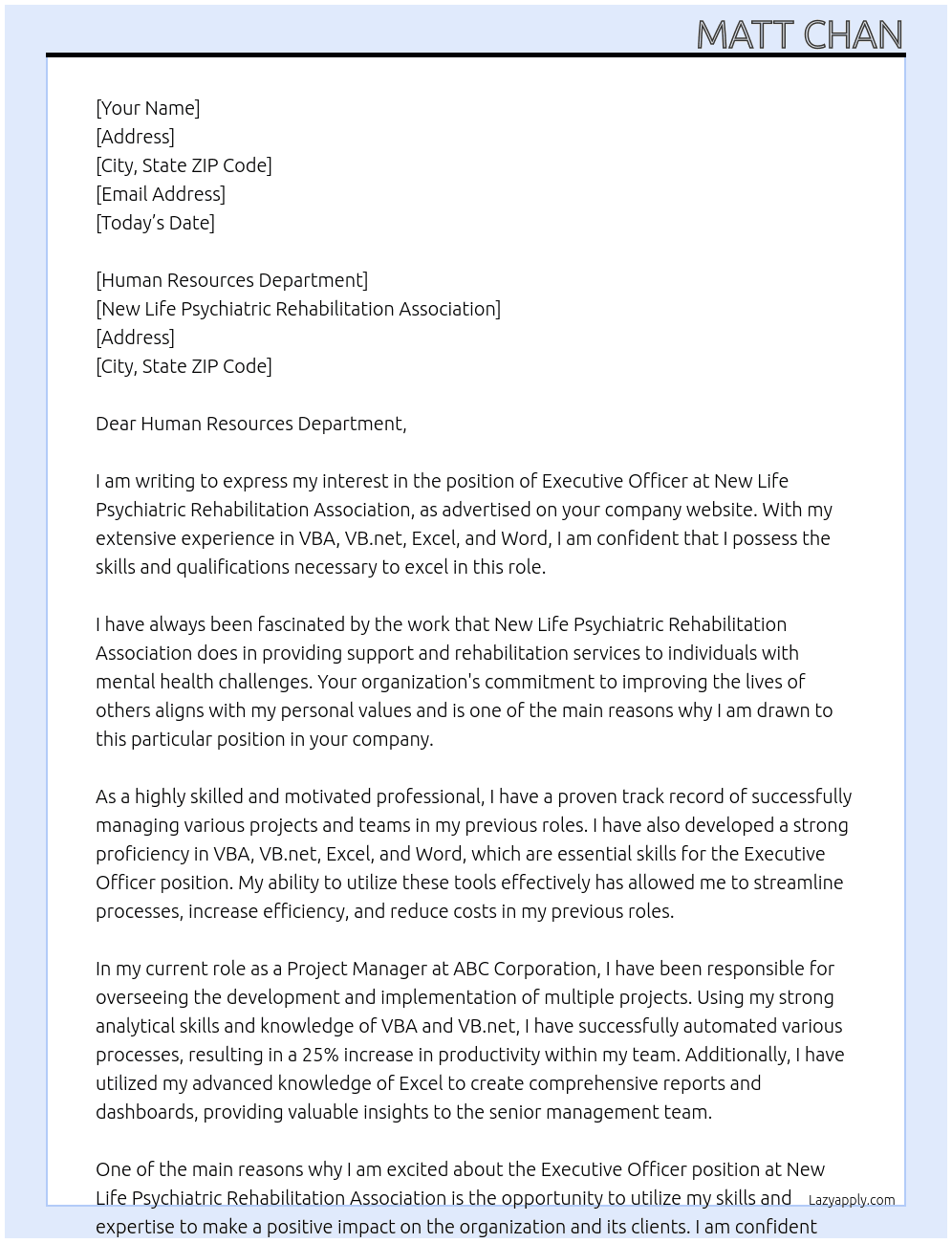 Executive Officer At New Life Psychiatric Rehabilitation Association Cover Letter