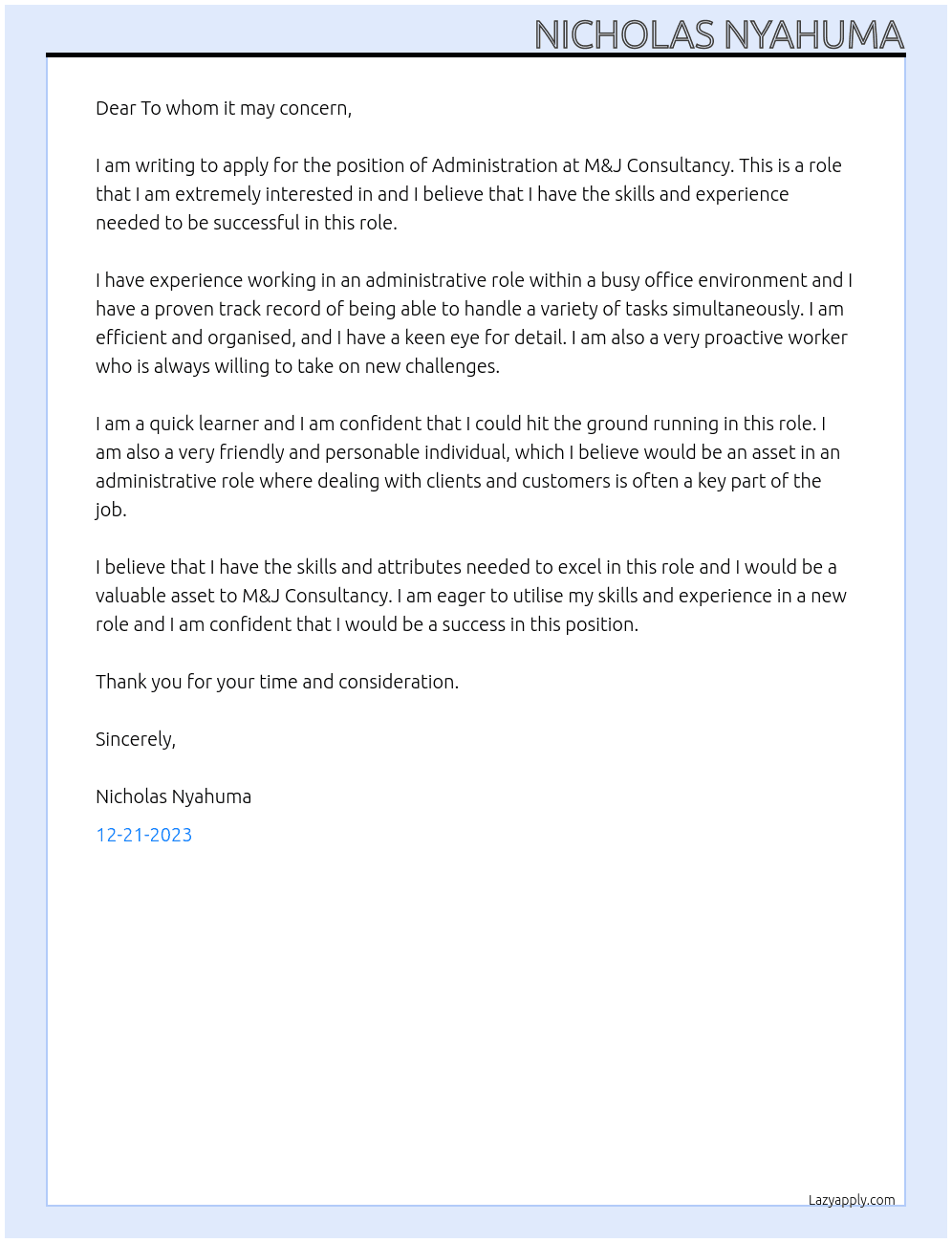 Adminstration At M&J Consultancy Cover Letter