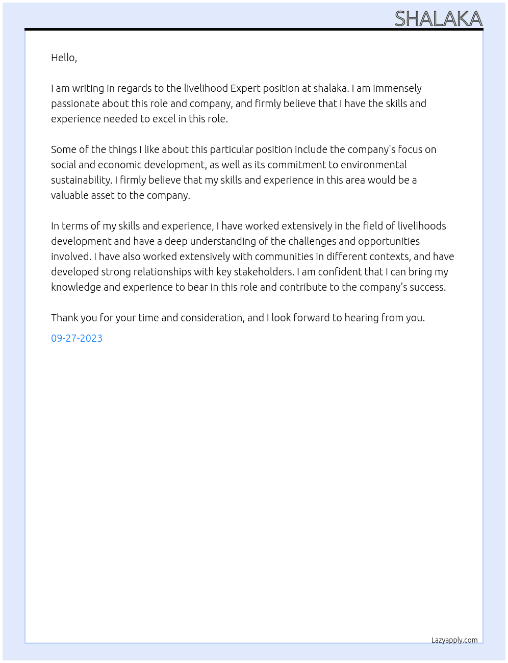 livelihood Expert At shalaka Cover Letter