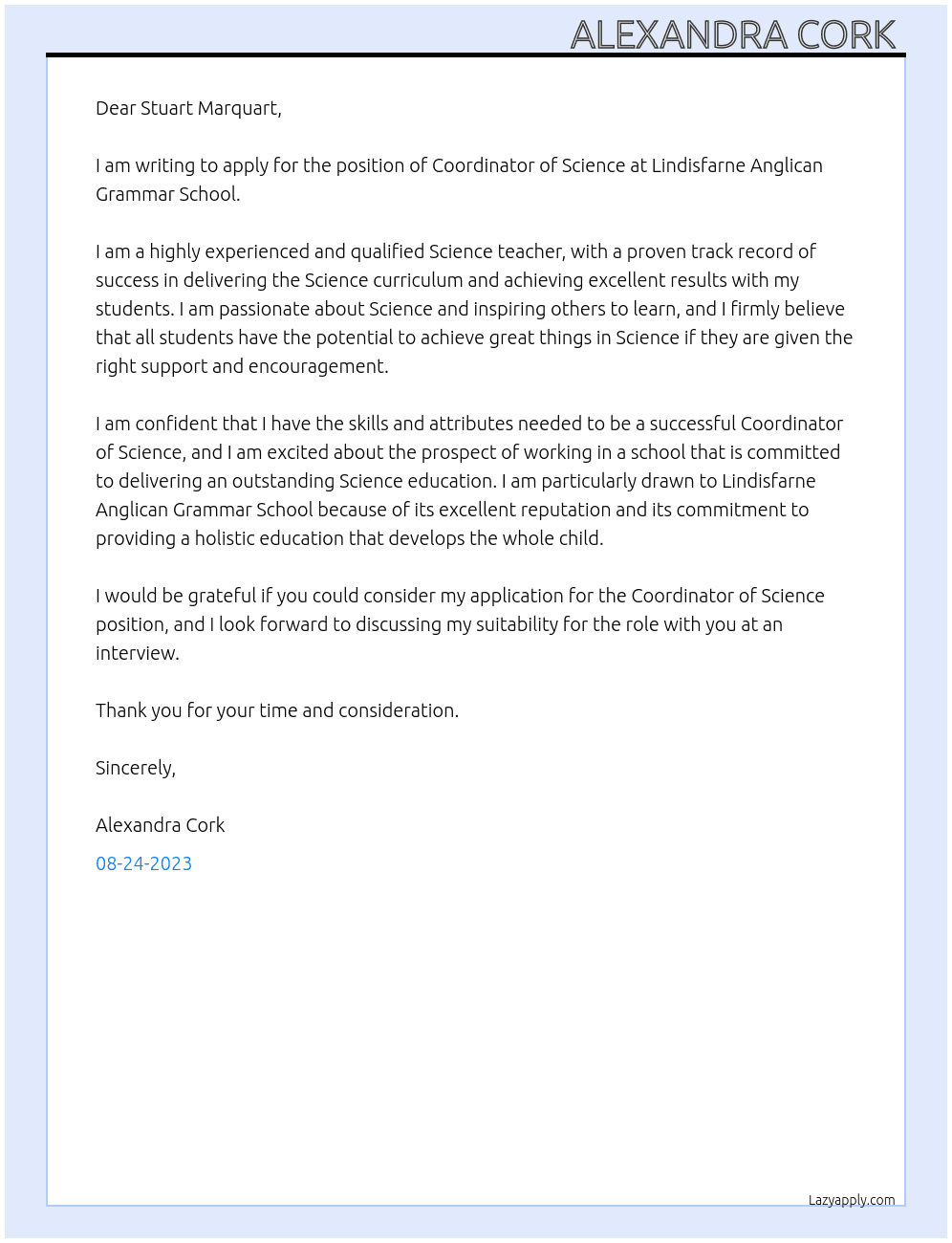 Coordinator of Science  At Lindisfarne Anglican Grammar School Cover Letter