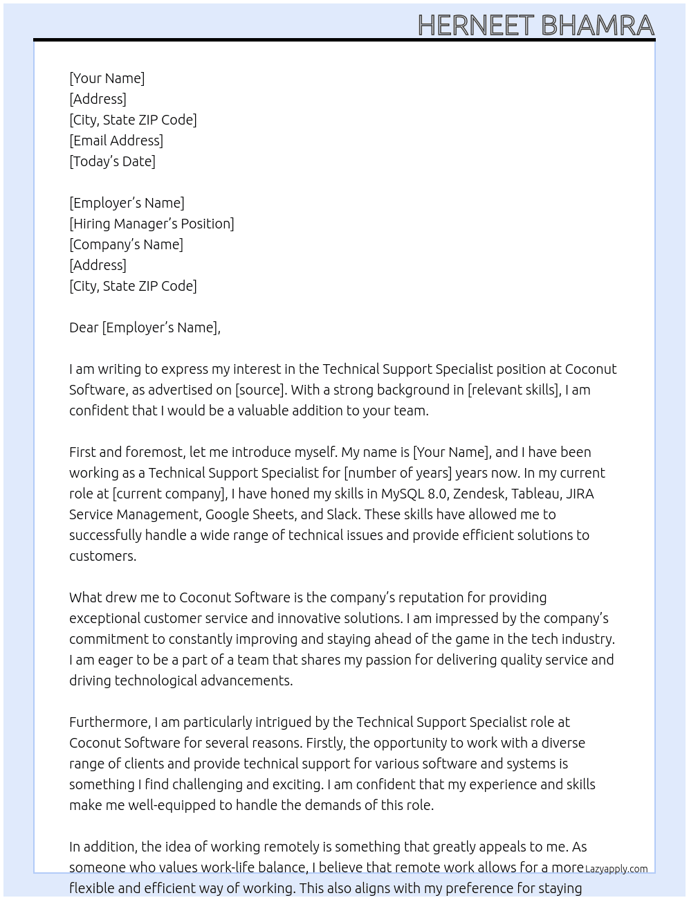 Technical Support Specialist At Coconut Software  Cover Letter