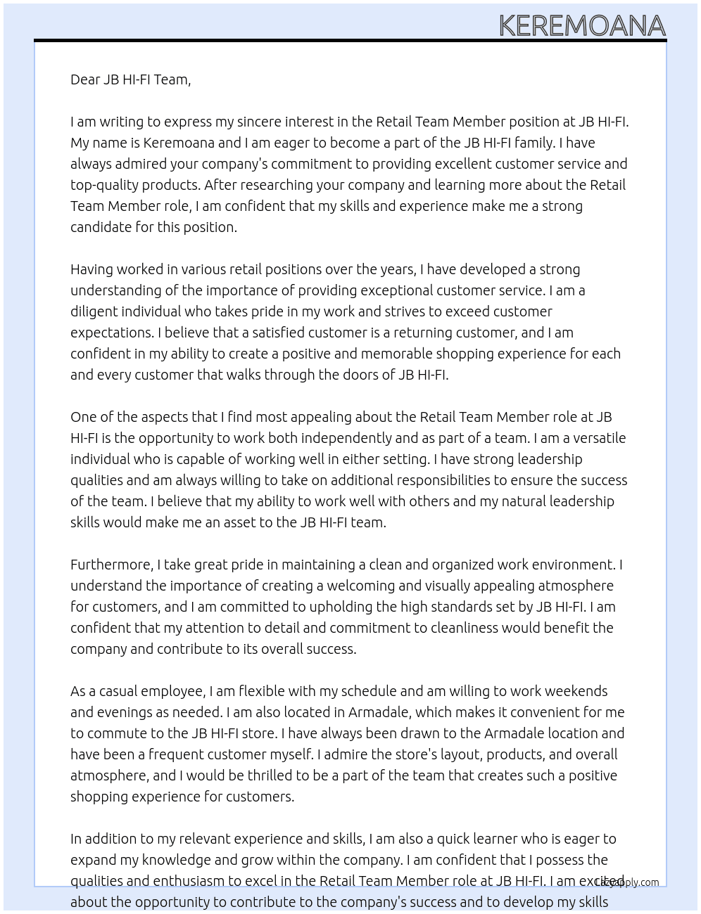 Retail team member At JB HI-FI Cover Letter