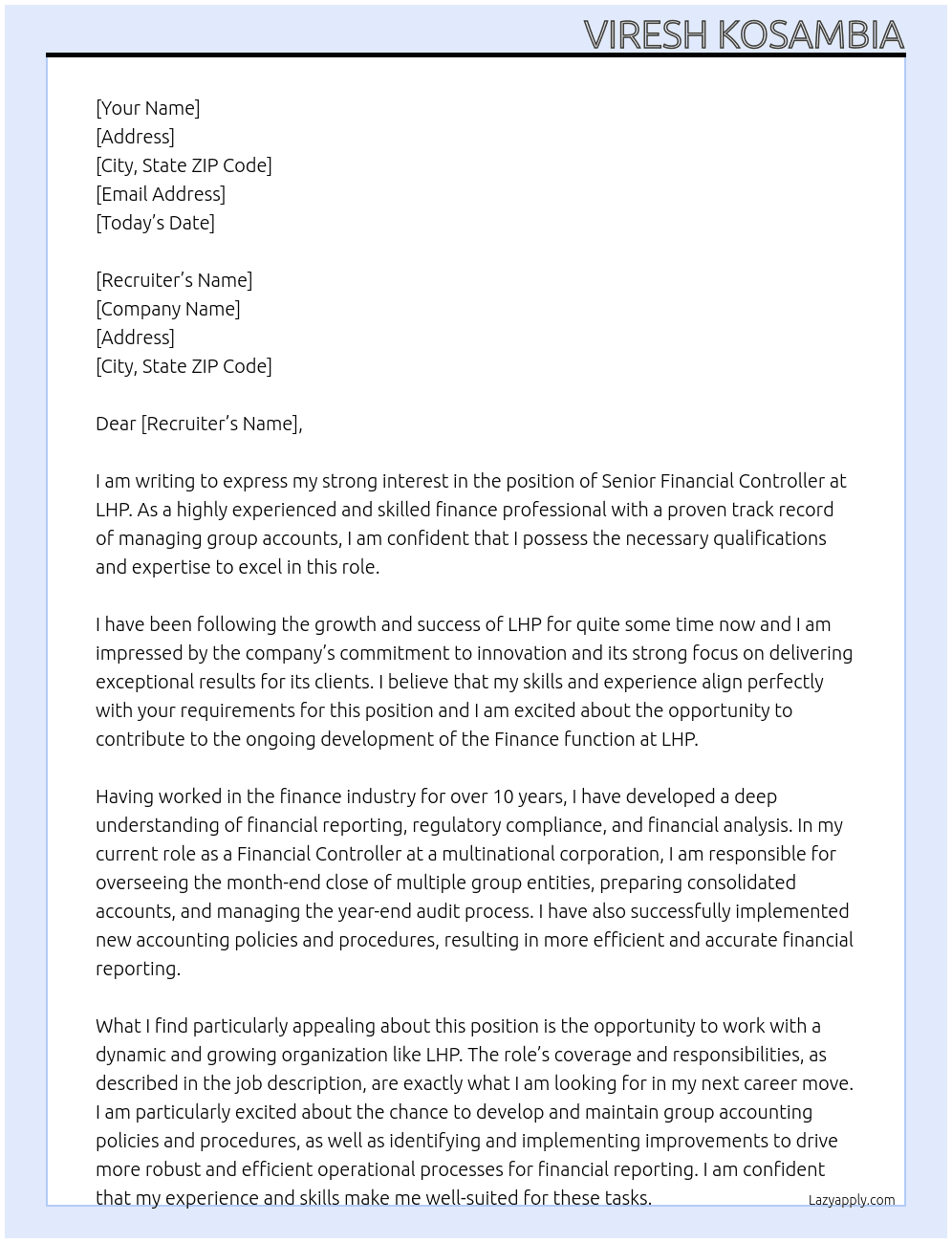 Senior Financial Controller At LHP Cover Letter