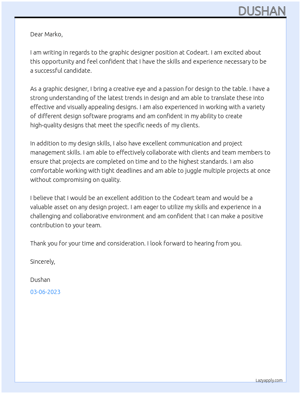 Graphic designer  At Codeart Cover Letter