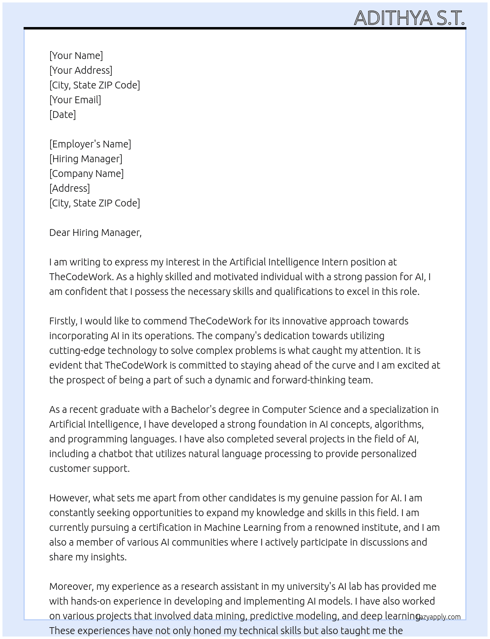 Artificial Intelligence Intern At TheCodeWork Cover Letter