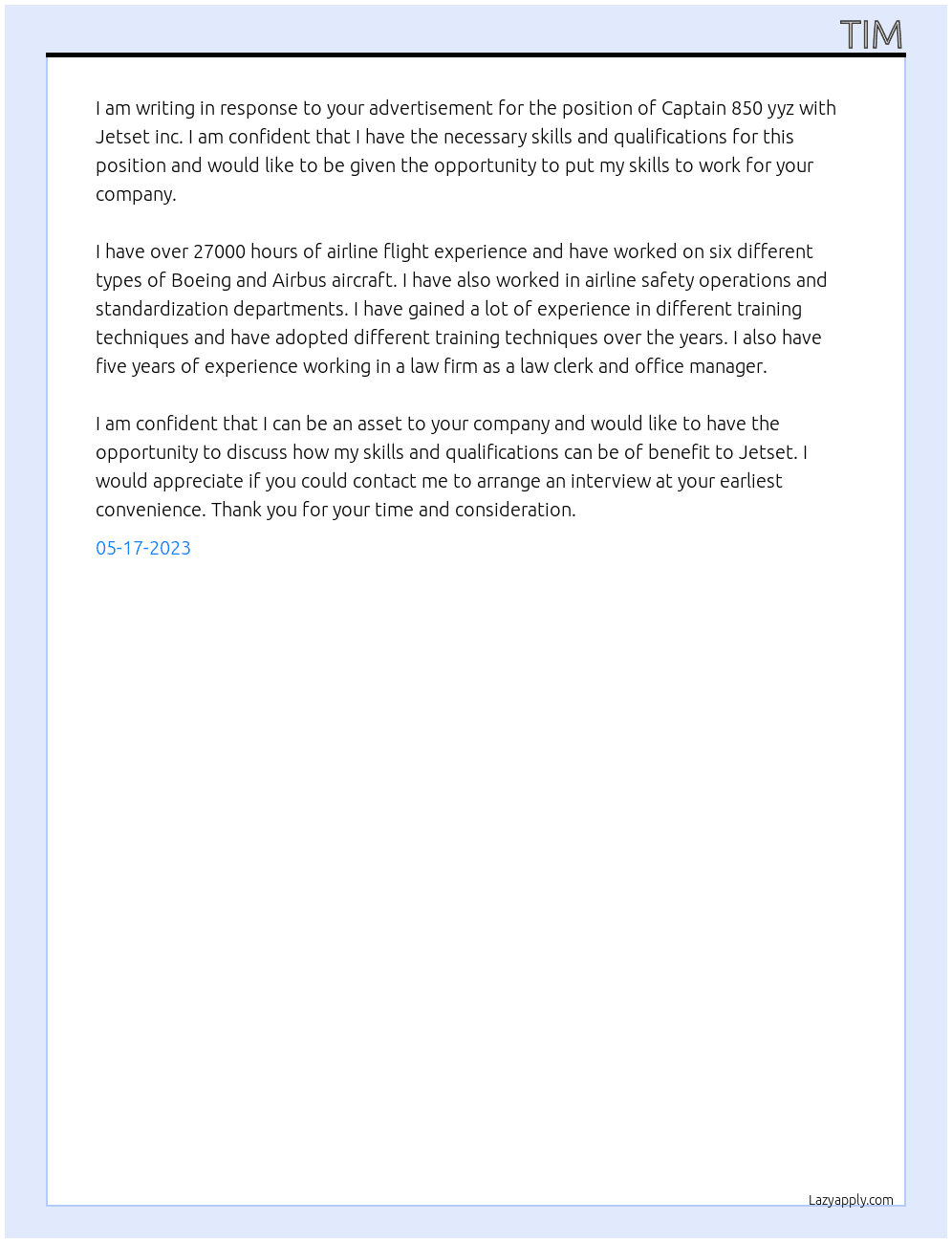 Captain 850 yyz At Jetset inc. Cover Letter