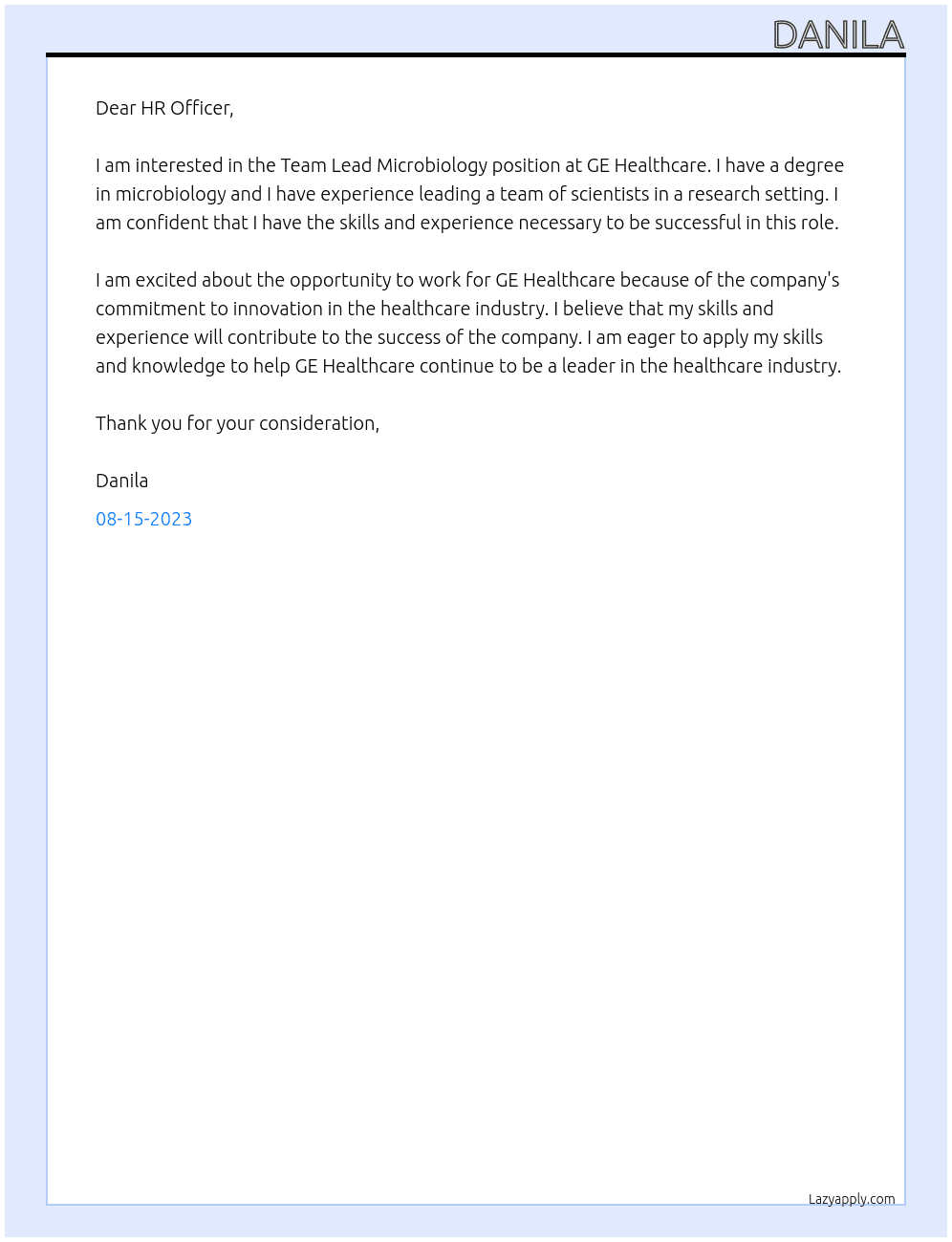 Team Lead Microbiology At GE HealthCare Cover Letter