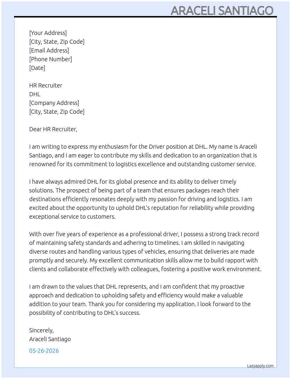 Driver At DHL Cover Letter