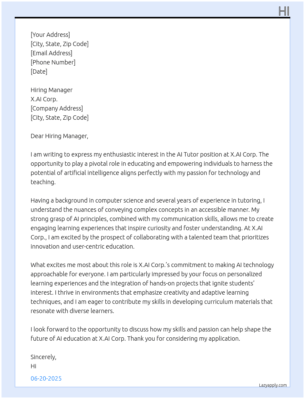 AI Tutor At X.AI Corp. Cover Letter