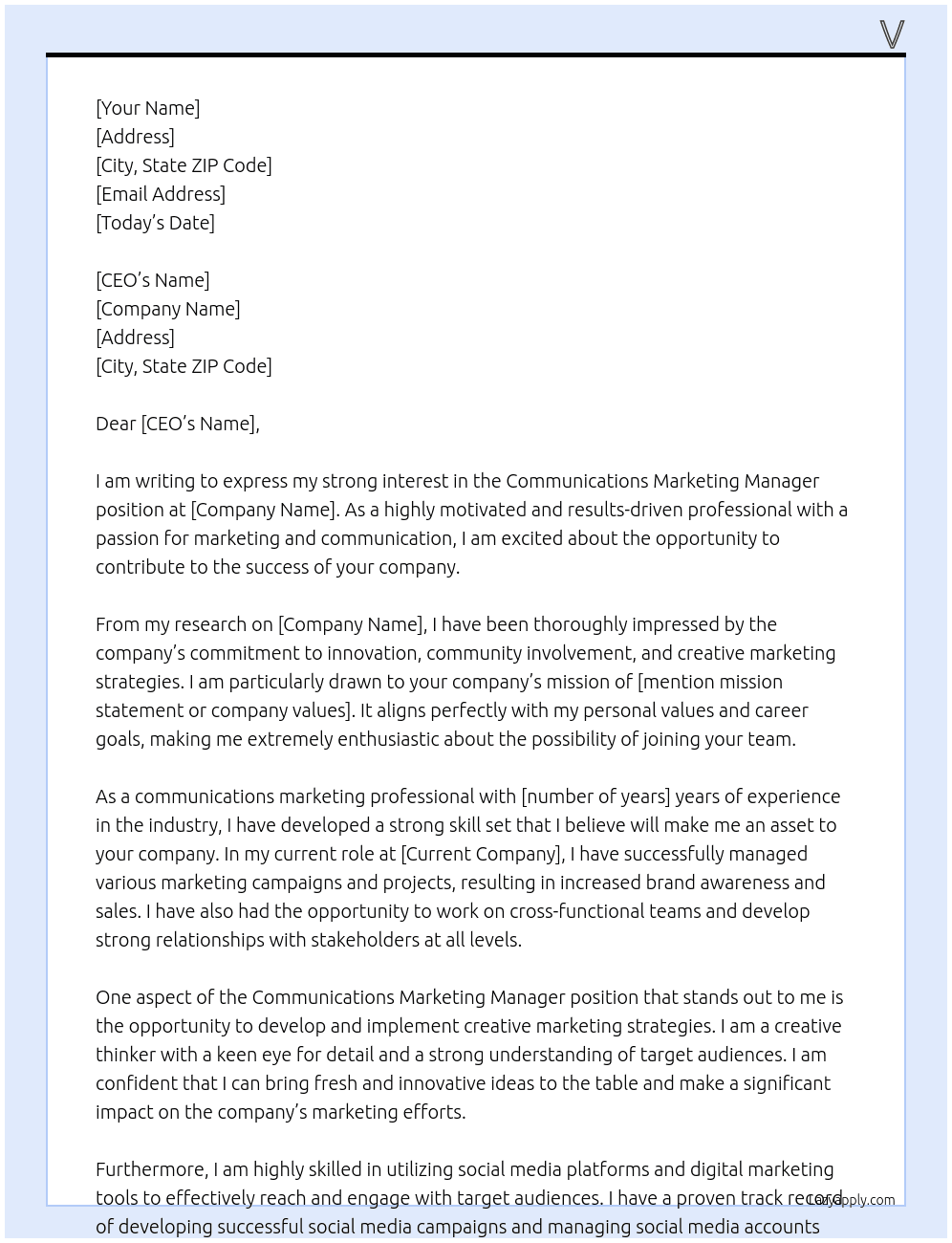 communications marketing manager At company Cover Letter