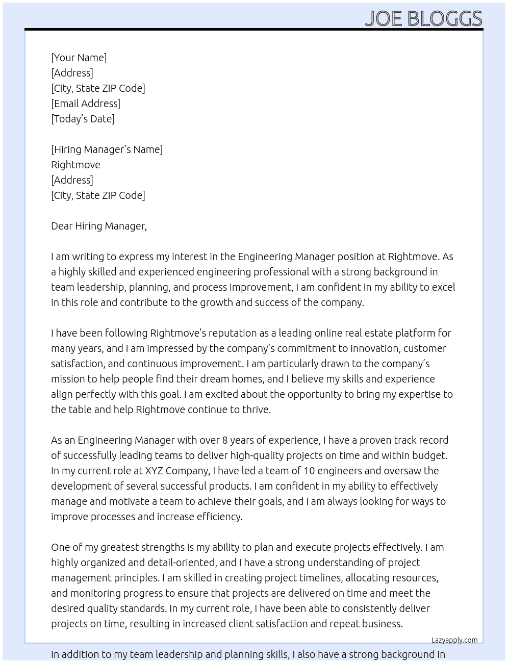 Engineering Manager At Rightmove Cover Letter