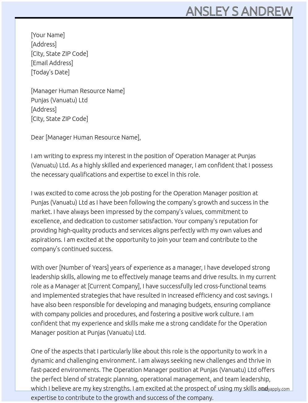 Operation Manager At Punjas (Vanuatu) Ltd Cover Letter