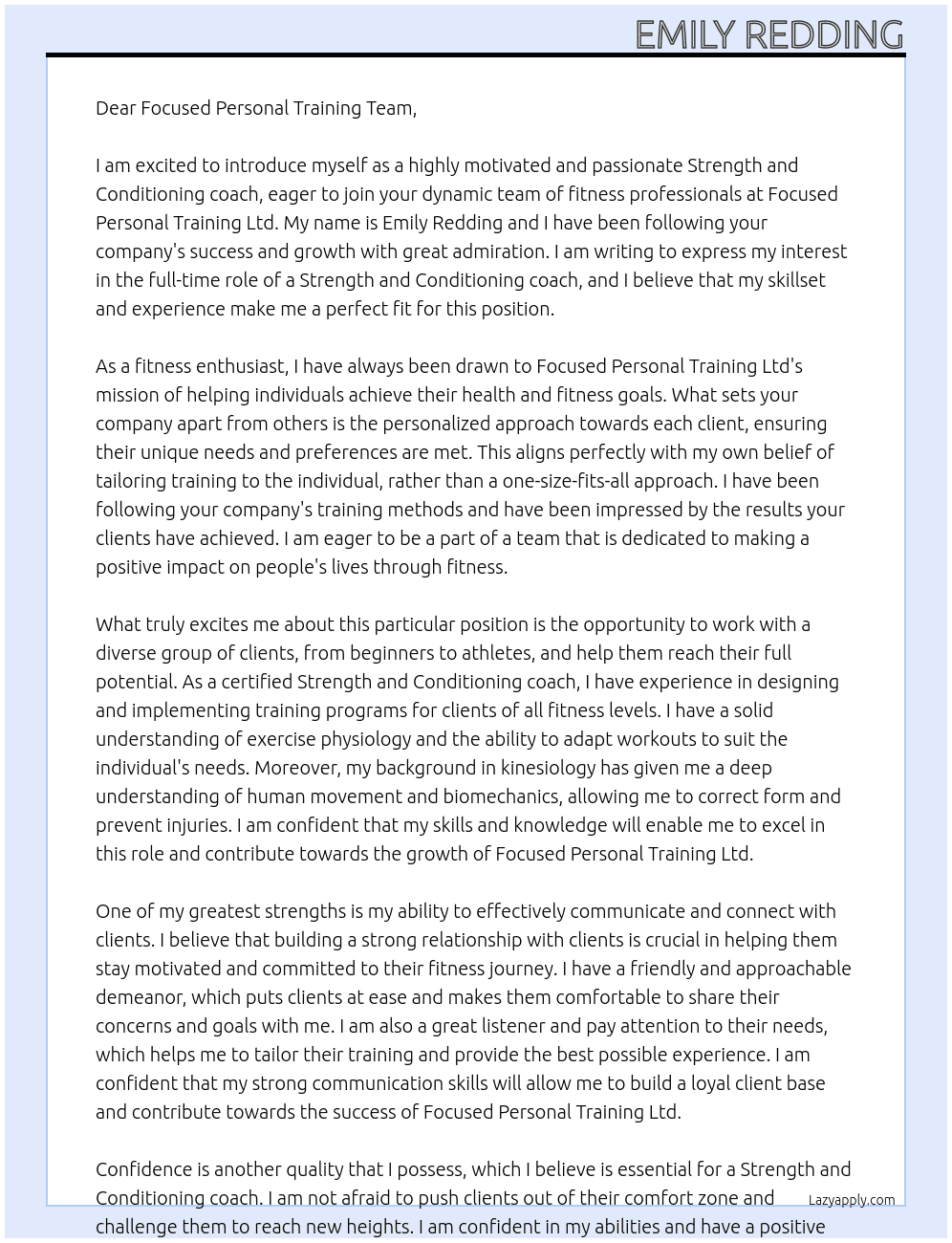 Strength and Conditioning coach  At Focused Personal Training Ltd Cover Letter