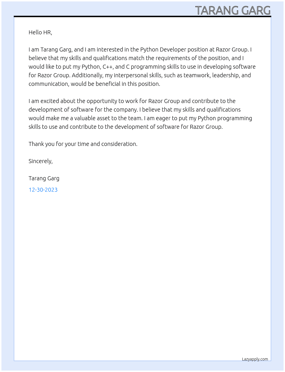 Python Developer At Razor Group Cover Letter