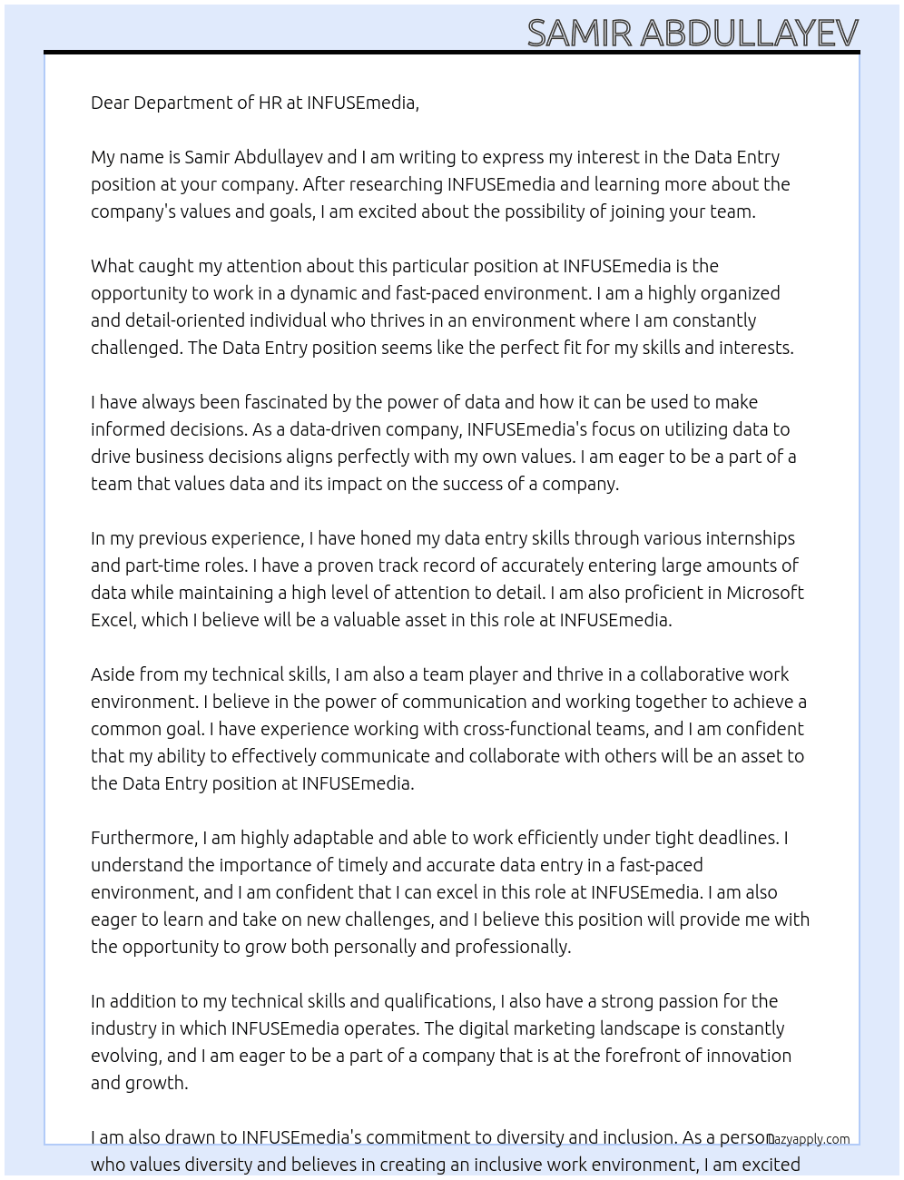 Data entry At INFUSEmedia Cover Letter