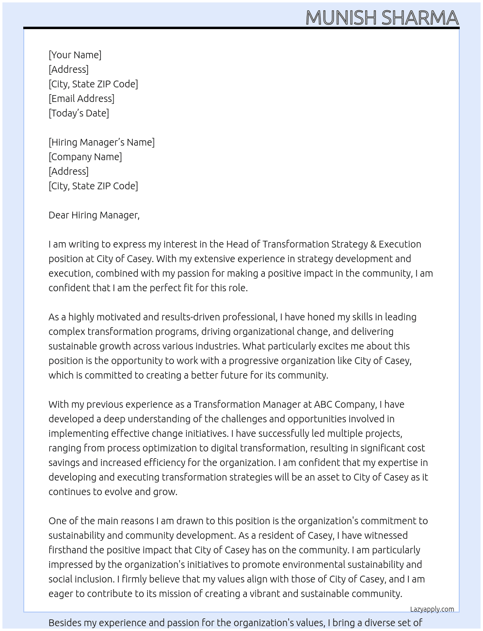 Head of Transformation Strategy & Execution At City of Casey Cover Letter