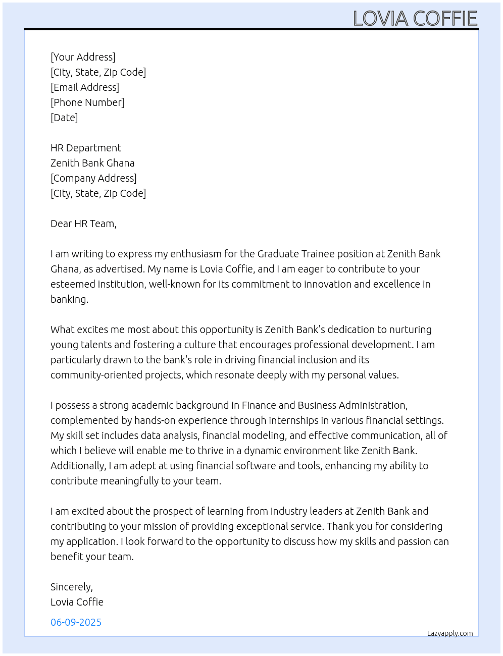graduate trianee At zenith bank ghana Cover Letter
