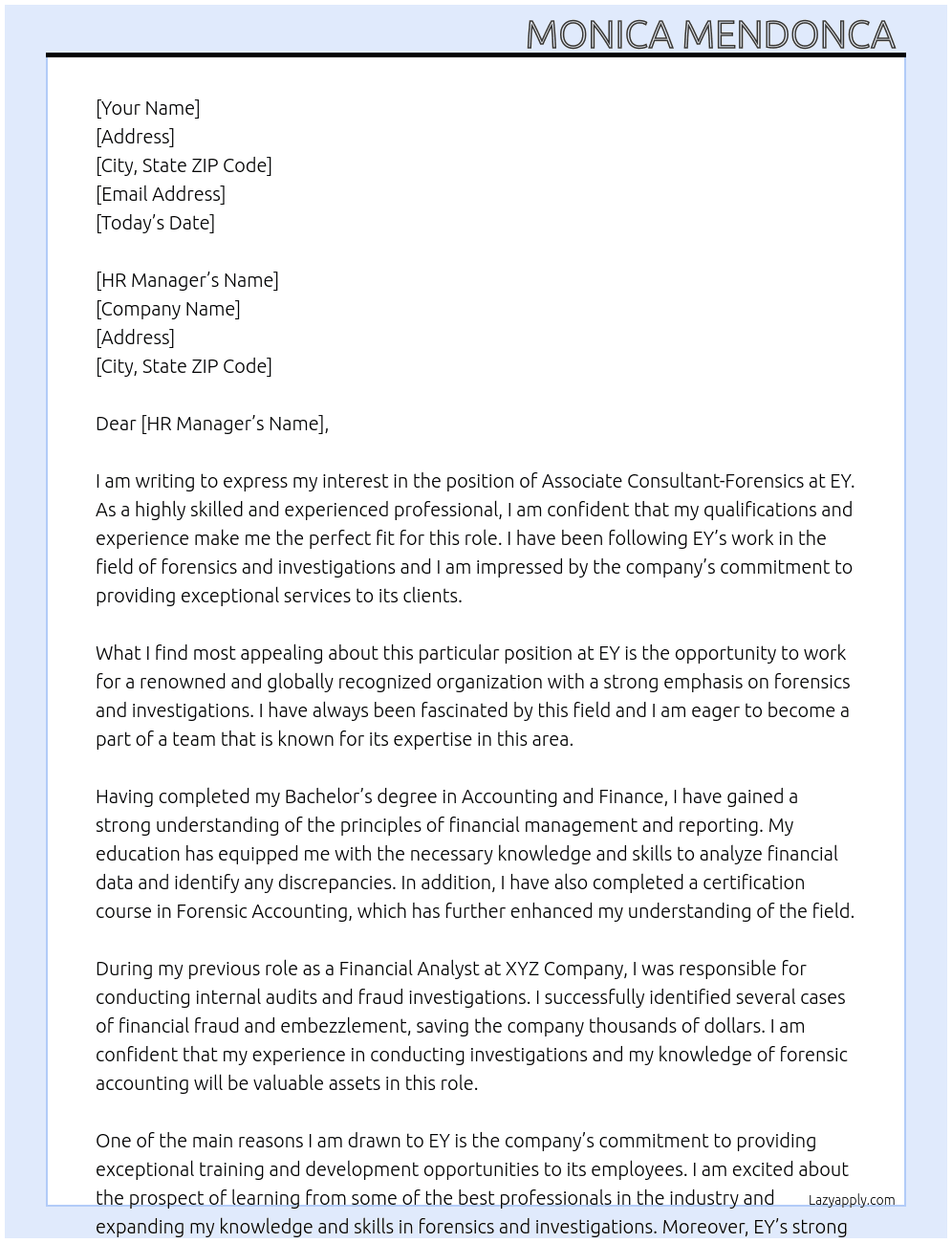 Cover letter for associate consultant-forensics-national-asu-forensics-investigations & compliance - LazyApply