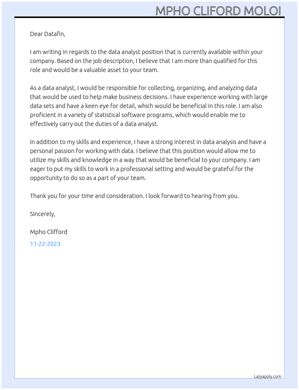 Data analyst  At Datafin Cover Letter