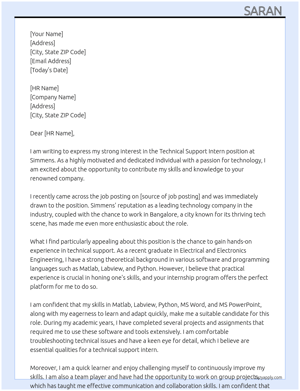 Technical support intern At Simmens  Cover Letter