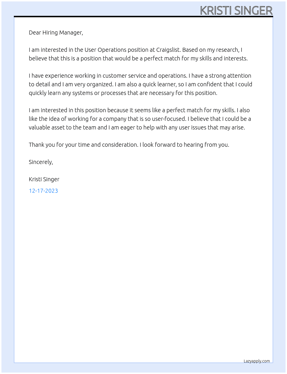 User Operations At Craigslist Cover Letter