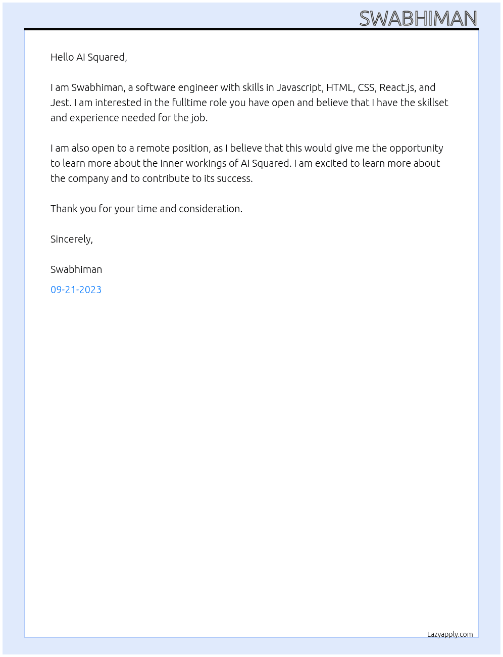 Software Engineer At AI Squared Cover Letter