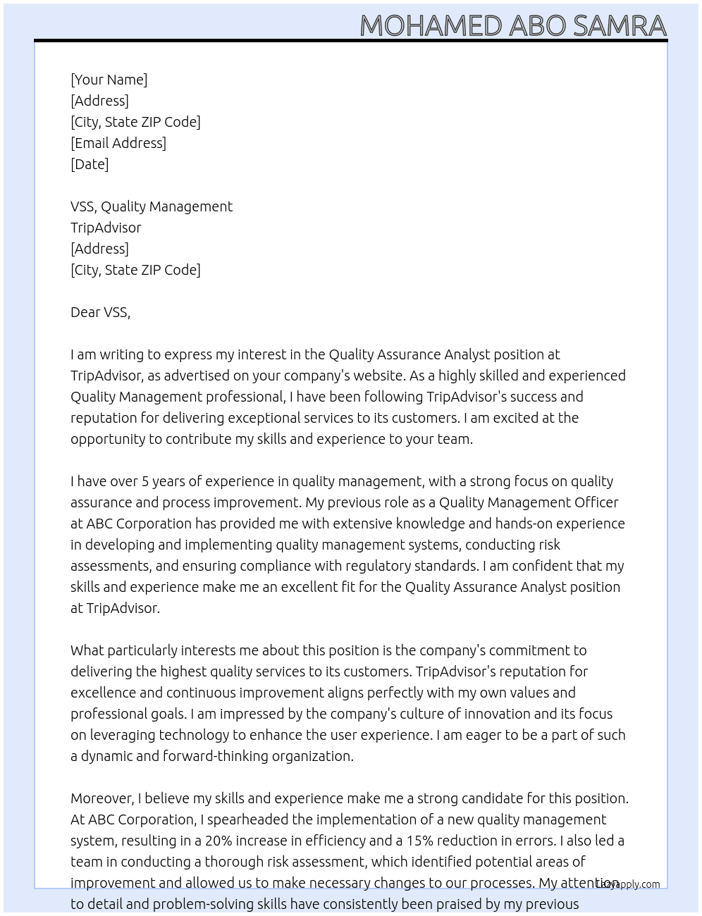 quality assurance analyst  At TripAdvisor Cover Letter