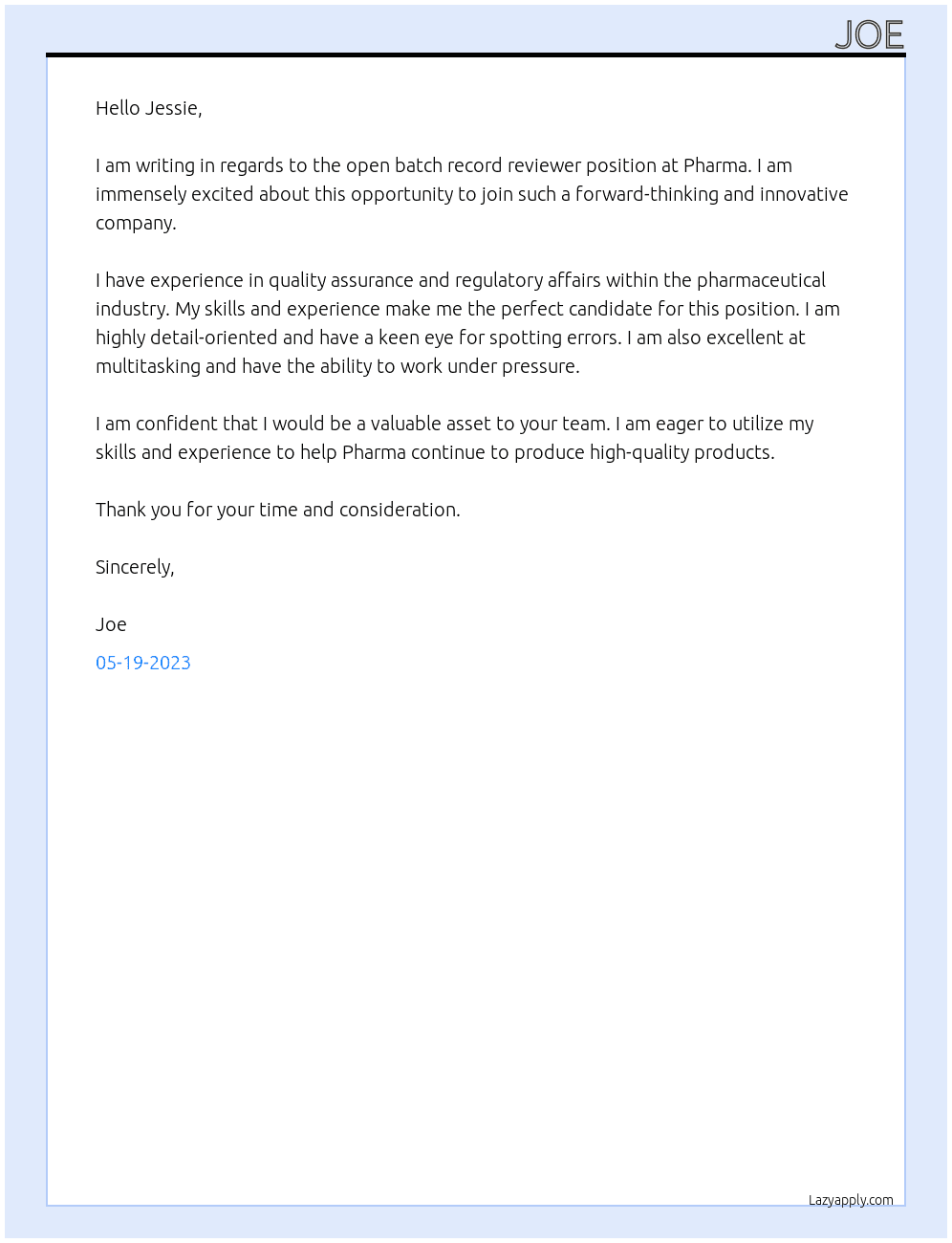 Batch record reviewer At pharma Cover Letter