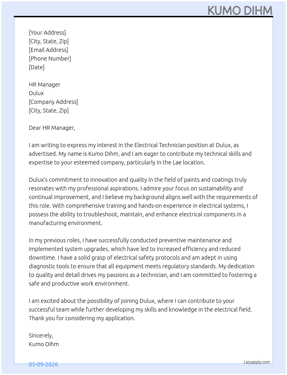 Electrical Technician  At Dulux  Cover Letter