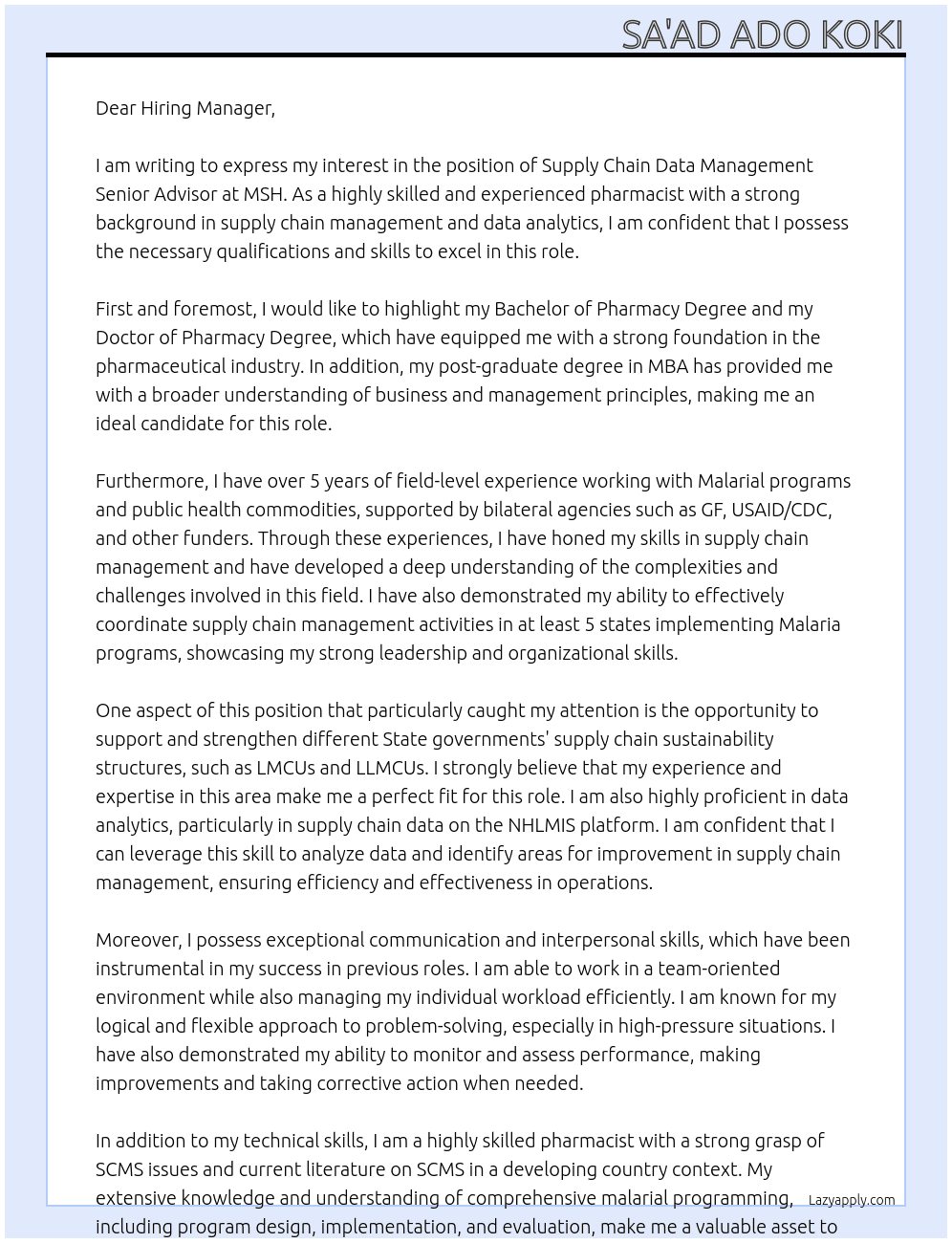 Supply Chain Data Management Senior Advisor At MSH Cover Letter