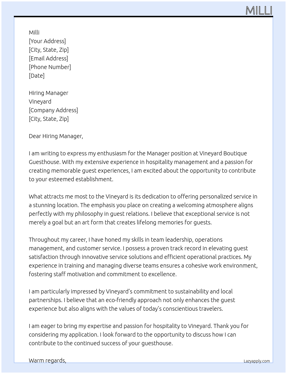 Cover letter for manager boutique guesthouse - LazyApply