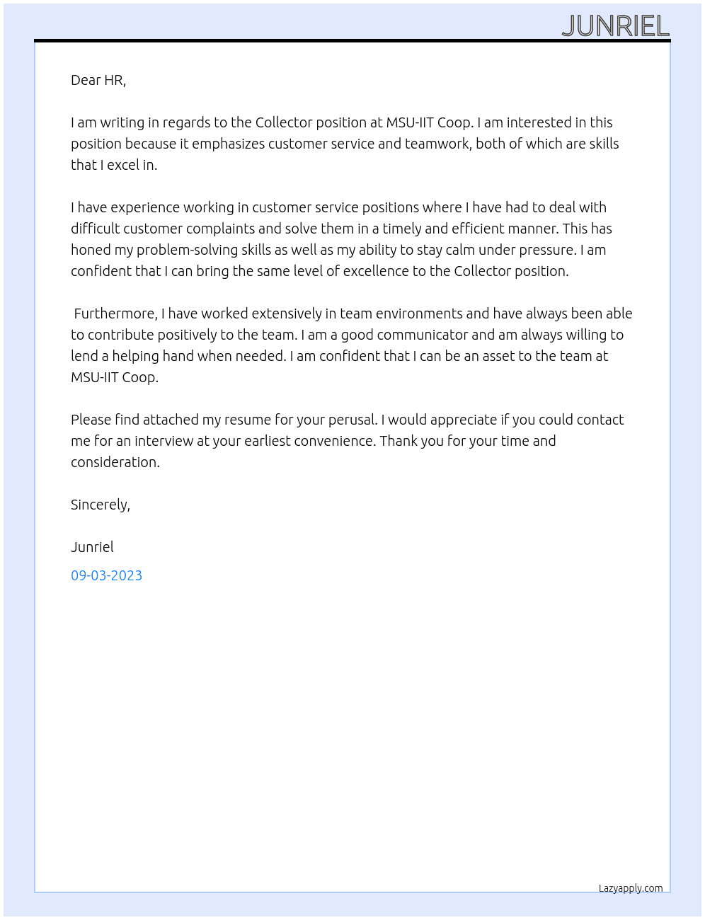 Collector At MSU-IIT Coop Cover Letter